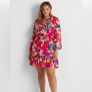 Lauren Ralph Lauren Floral Crinkle Georgette Long-Sleeve Smocked Dress Size 6